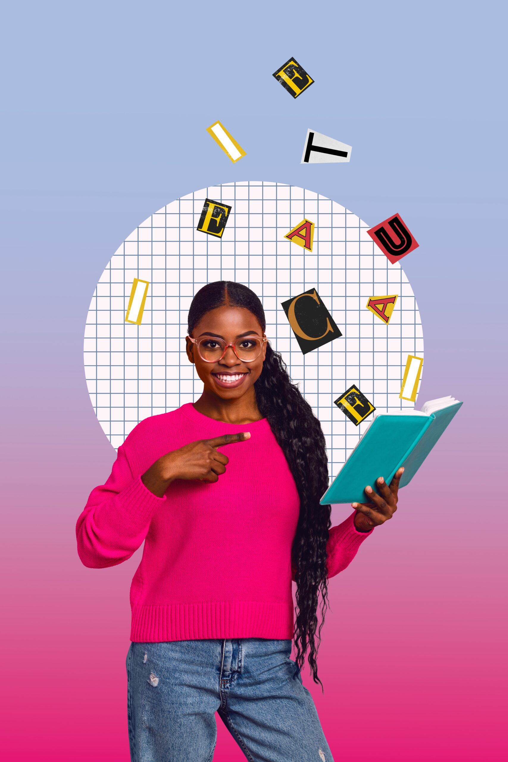 Composite,Creative,Photo,Collage,Of,Young,Student,Girl,Direct,Finger